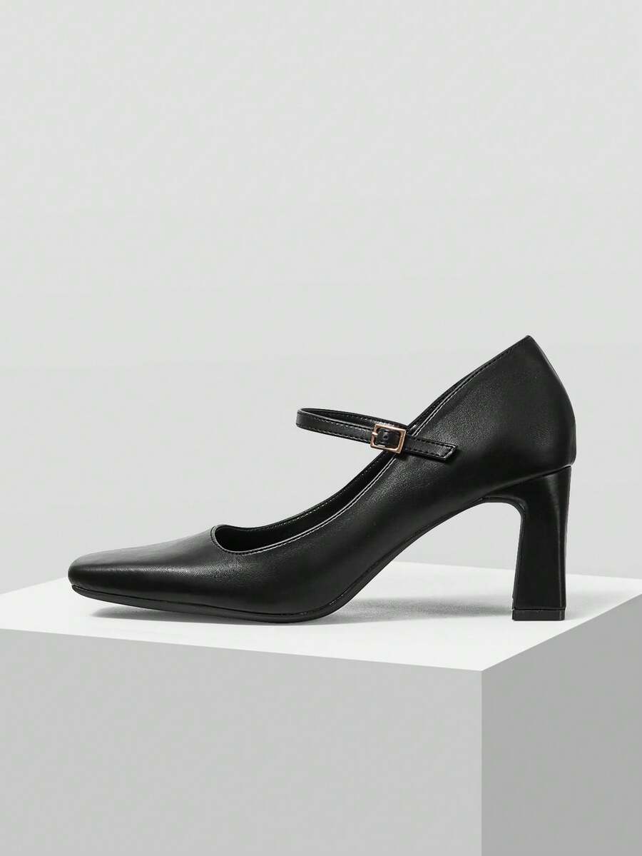 MOTF PREMIUM WOMEN SQUARE TOE CHUNKY HEEL PUMPS VALENTINE'S DAY SPRING SHOES - Black - View 2