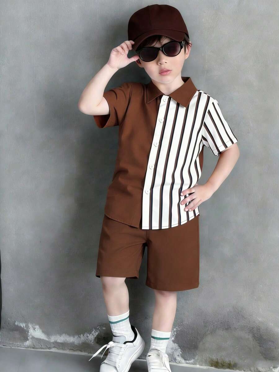 2件套幼儿男童时尚休闲条纹印花短袖衬衫短裤套装，夏季 - 彩色 - 查看 1