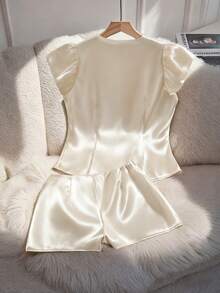GlowEve 2pcs Women's Ruffle Sleeve Tie Bow Satin Jumpsuit - Apricot - View 2