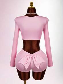 Amplova 2pcs/Set Women Deep V-Neck Long Sleeve Crop Top And Low Waist Bow Tie Shorts Set - Pink - View 6