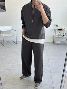 DAZY Men's Solid Gray Half-Zip Pullover Sweatshirt Set, Autumn - Grey - View 5