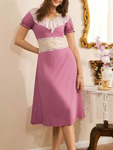 Côtesoire French Elegant Long Nightgown With Ruffled Lace Patchwork, Loose French Romantic Lace Patchwork Nightdress For Women - Dusty Purple - View 5