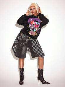 SHEIN Trolls Women's Letter & Cartoon Graphic Crew Neck Long Sleeve Sweatshirt - Black - View 8