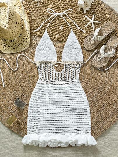 Soleia Beach Outfit For Women Summer Outfits  Vacation Outfits Women White Dresses Women's Solid Color Hollow Out Halter Backless Tie Dress Cover Up