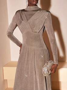 Zivah Winter Spring New, Music Festival, Easter, Western, Nomadic, Birthday Party, Holiday Dress, Party Dress, Elegant Dress For Women, Airport Outfits, Party, Holiday Outing, Elegant Banquet, Ball Gown, Street Fashion, Pleated Decor Fitted Waistline A-Line Midi Dress, Stretchy Knit, Shiny Knit Fabric Elegant Party Dress For Women - Brown - View 9