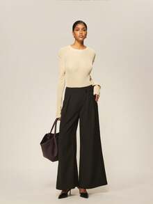 ATUI Studio Pantalones formales negros de cintura alta con doble capa y ajuste delgado, adecuados para ir al trabajo, negocios y uso casual en invierno. Versátiles, para ir al trabajo, uso casual y diario. Pantalones holgados de pierna ancha con cordón en la cintura - Negro - Ver 4