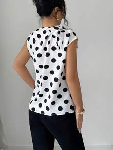 Elenzga Women's Fashionable Romantic Fitted Elegant Asymmetrical Tie Sleeve Water Print Polka Dot Blouse - Black and White - View 2