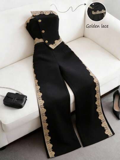 Franclia Elegant Women's Black Strapless Cropped Jumpsuit With Gold Lace Detail And Buttons Woven Fabric Design,Women's Elegant Strapless Jumpsuit, Gold Lace Patchwork, Asymmetric Front Design, Black Wide Leg Formal Pantsuit,Pantsuit Women's Strapless Jumpsuit Golden Lace Jumpsuit Black Wide Leg Pantsuit For Woman Elegant Pants For Women Rich Woman Clothes Pants Suit Pants Suit For Woman Pantsuit For Women Elegant Women's Pants Suit Strapless Pantsuit Women's Formal Jumpsuit