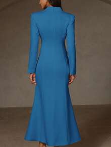 EMERY ROSE 奢华欧美风V领全纽扣装饰垫肩长袖鱼尾修身连衣裙 - 藍色 - 查看 6