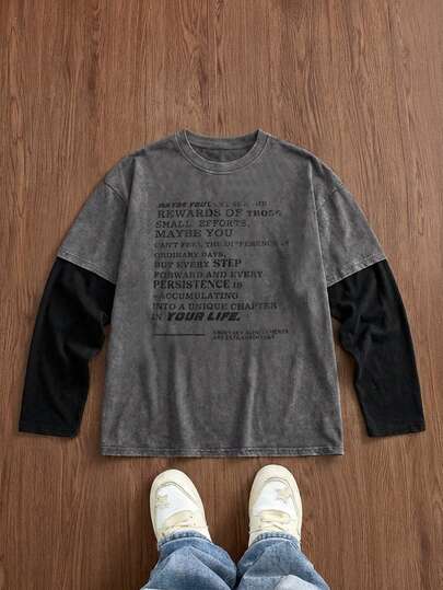 Manfinity Unisex Men's Casual Standard Size Long Sleeve T-Shirt, Brown Print Patchwork, Washed Men Vintage T Shirt Romwe Men Tshirt