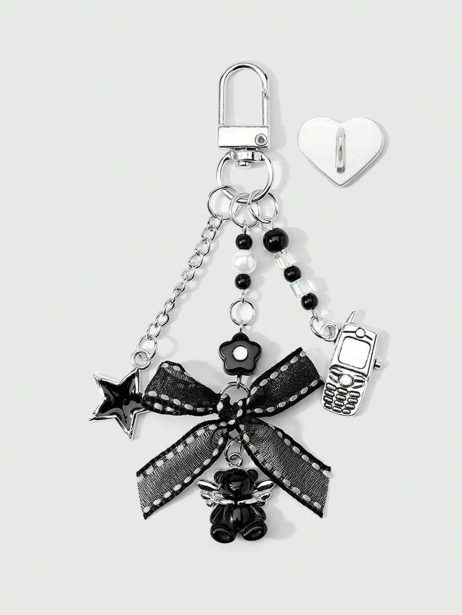 ROMWE Kawaii 1款全新甜美时尚个性休闲百搭可爱黑色树脂仿水晶方糖手工滴水花星迷你手机黑色网纱蝴蝶结翅膀小熊吊坠DIY钥匙扣包包挂件水杯挂件手机挂件，固定粘贴式爱心饰品，适合女孩女士日常佩戴，节日礼物 - 黑色-80 - 查看 1