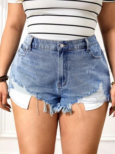 EMERY ROSE 大码女式破洞口袋休闲百搭牛仔短裤