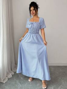 Elenzga New Spring/Summer Women's Dress With Frill Trim, Square Neck, Front Tie, Striped Pleated Elastic Waist, Flared Hem, Lined, Long Length - Blue and White - View 5