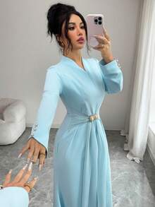 Modelyn French Design V-Neck Floral Ruched Waist Dress For Women - Blue - View 3