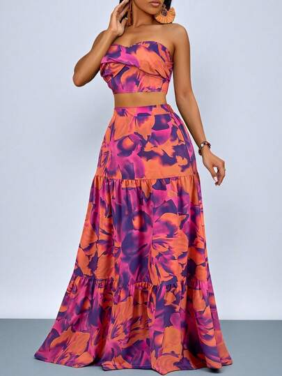 SOLERSUN Ruched Side Twist Bandeau Top And Split Thigh Ruffle Hem Skirt Set