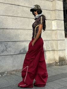 Coolane Women's Summer Streetwear Sport Basic Flap Pocket Side Drawstring Waist Parachute Grey Cargo Red Pants - Burgundy - View 3