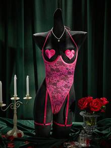 SpicyHot 3pcs/Set Romantic Lace Women's Sexy Hollow-Out Lingerie Set - Hot Pink - View 6