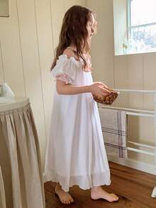 DAZY Tween Girls' Ruffle Patchwork Bow Decor Casual Loose Everyday Lounge Dress - White - View 2