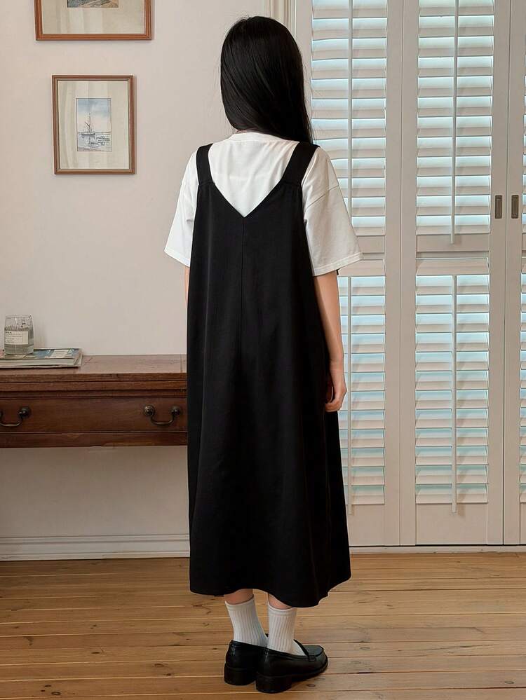 Tween Girls Black Loose Straight Long Jumper Dress