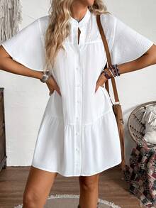 SHEIN LilyWest LanaWest Women's White Patchwork Embroidered Fabric Loose Single-Breasted Flare Sleeve Ruffle Hem Slimming Design Casual Dress, Spring/Summer - White - View 6