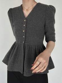 FRIFUL Kaos Wanita Polos dengan Lipit dan Rumbai di Bagian Bawah, Serbaguna untuk Musim Semi & Musim Panas - Grey - View 2