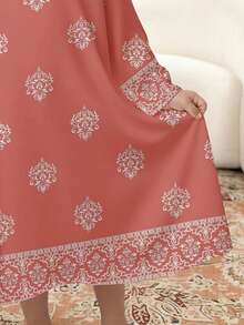 Soft Taro Pink, Traditional Elegant Dignified Golden Floral Print, Young Girls Casual Minimalist Traditional Arabic Dress Suitable For Spring/Summer Daily, Festivals, Outings, Elegant Dignified Long Sleeve Arabic Maxi Dress, Prayer Abaya, Easy Comfort, Casual Wear, Vacay Vibes, Modest Kaftan, Kids Jalabiya - White - View 5