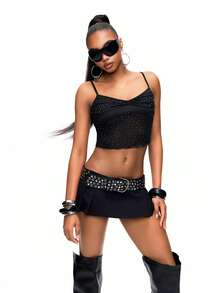 TypaGal Camiseta corta ajustada y sexy de mujer con malla de strass y drapeado - Negro - Ver 1