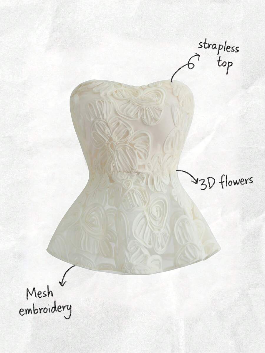 Olithes Elegant Strapless Cinched Waist Ruffle Hem Side Slit Hidden Zipper Mesh Embroidered Fabric Apricot Blouse For Women, Spring/Summer Strapless Top White Top Summer Holiday Outfits Top Party Top Summer Tops - Apricot - View 1