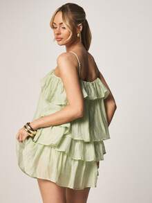 MISSGUIDED Off Shoulder Tiered Ruffle Mini Dress With Spaghetti Straps Layered Flounce Design Summer Vacation Boho Chic Style - Green - View 2