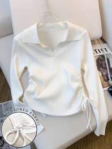 Resyla Women Long Sleeve T-Shirt, Slimming Ribbed Fabric Fall Cloth For Women - White - View 1