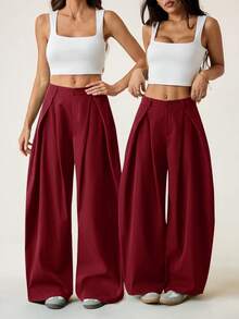 SHEIN EZwear 复古休闲街头风宽松酒红色弧形裤脚大码长裤，秋冬款 - 酒紅色 - 查看 7