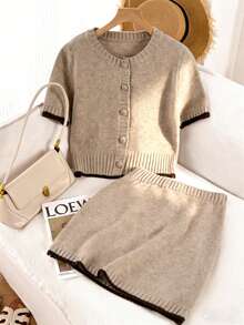 Franclia 两件套休闲宽松圆领长袖针织撞色滚边卡其色女式毛衣套装，春夏款 - 卡其色 - 查看 1