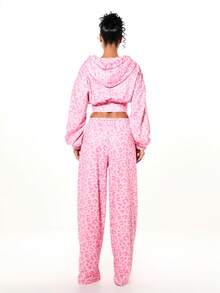 BABYPHAT Pink Leopard Print Cropped Full Zip Hoodie With Drawstring Hood And Centre Pocket Long Sleeve Sweatshirt For Casual Streetwear - Pink - View 4