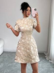 Elenzga Women's Vintage Jacquard Textured Fabric Puff Sleeve Elegant High Neck Backless Bow Contrast Color Cut Waist Unique Design Mini Dress, Summer - Apricot - View 5