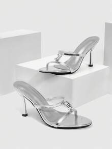 CUCCOO SZL Women Fashionable Rhinestone Decor Open Toe Heeled Sandals - Silver - View 2