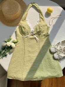 Comfortcana Đầm ngắn cổ yếm kẻ caro phối bèo nhún, nơ trang trí dành cho nữ. - màu xanh lá - Xem 4