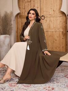 Al Najma Abaya élégante à broderie géométrique pour femmes grandes tailles - Marron - Voir 5