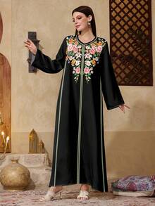 Al Najma Modest Vacation Style Floral Print Flare Sleeve Loose Arabic Dress - Multicolor - View 4