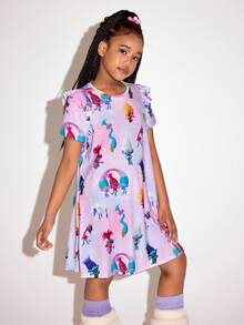 SHEIN Trolls Tween Girl Casual Cartoon Pattern Round Neck Short Sleeve Dress, Summer - Pink - View 4