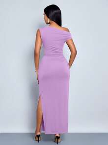 SOLERSUN 女士春夏纯色简约日常约会优雅派对不对称斜肩修身长裙 - 淡紫色 - 查看 2