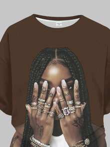 1. 休闲简约个性化指纹纹身戒指印花T恤和阔腿裤两件套，秋季新品，宽松圆领短袖T恤，花枝叶印花，朋克风，街头风，复古风，返校季穿搭，可爱，适合假日家庭户外春季野餐日常穿着，适合各种场合，少女套装 - 彩色 - 查看 5