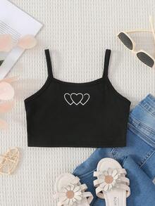 SHEIN Young Girl Casual Everyday Commute Heart Print Fitted Cropped Camisole, Summer - Black - View 4