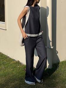 DAZY 女士撞色蕾丝圆领吊带背心和喇叭裤两件套 - 藍色 - 查看 5