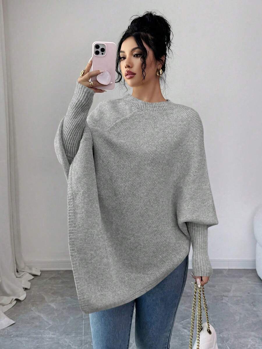 Elenzga Women's Asymmetrical Hem Oversized Crew Neck Pullover Sweater, Relaxed Fit, Soft & Comfortable Wool Blend, Suitable For Autumn/Winter - Light Grey - View 1