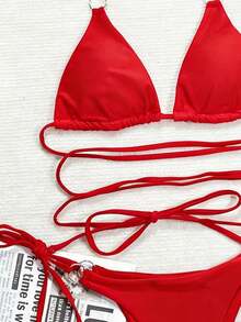 SHEIN Swim SXY 纯色低腰比基尼泳衣 - 紅色 - 查看 3