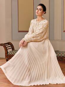 Anewsta 仿珍珠刺绣圆领褶裥优雅长袖连衣裙 - 杏色 - 查看 7