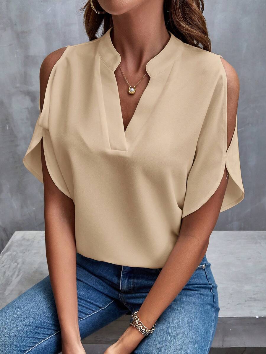 SHEIN Clasi 纯色露肩开衩袖白色衬衫 - 駝色 - 查看 1