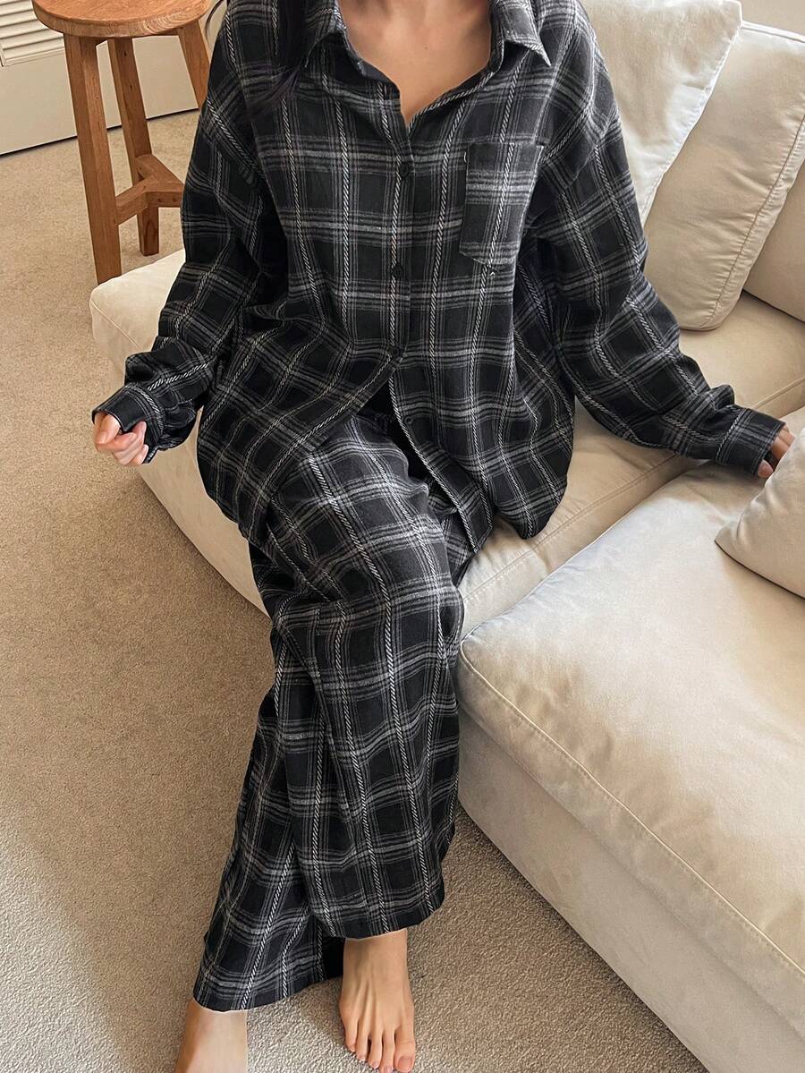 DAZY 2 pièces Ensemble de pyjama à carreaux de Noël pour femmes, chemise ample à manches longues et pantalon long, automne/hiver - Noir - Voir 1