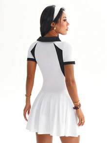 With My Calm 女士撞色拼接短袖马术上衣 - 黑與白 - 查看 2