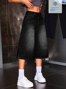 SHEIN ICON 女士口袋宽松休闲百搭阔腿七分牛仔裤 - 黑色 - 查看 2